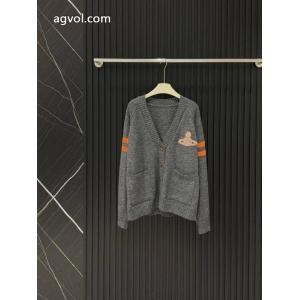 Vivienne Westwoodサターンタオル刺繍布当て色棒ポケットVネック長袖パイルニットカーディガン