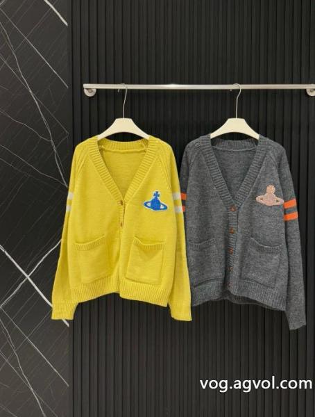 Vivienne Westwoodサターンタオル刺繍布当て色棒ポケットVネック長袖パイルニットカーディガン 0 