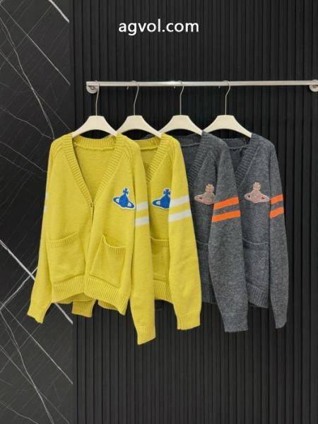 Vivienne Westwoodサターンタオル刺繍布当て色棒ポケットVネック長袖パイルニットカーディガン 5 